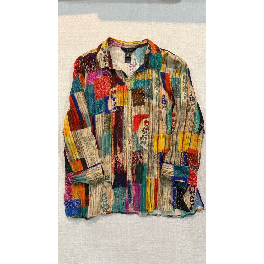 Ali Miles Button Front Top Women XL Multi-Color Excellent Patchwork Art to Wear